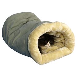 Tube Shaped Cat Bed in Sage Green & Beige