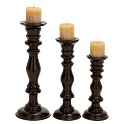 3 Piece Wood Candlestick Set in Dark Brown