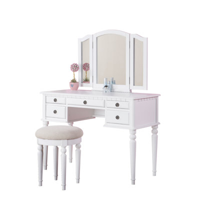 Poundex Bobkona St. Croix Bedroom Vanity Set with Stool in White
