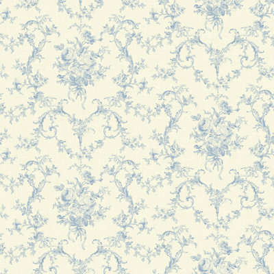 Willow Cottage Petit Toile Floral Bouquet Wallpaper in Blue