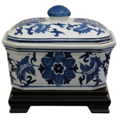Covered Jar with Blue Floral Design in White