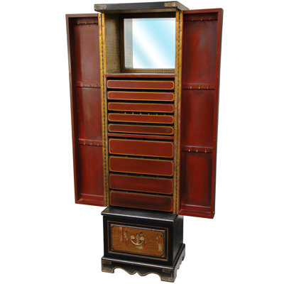 Oriental Furniture Tall Floor Jewelry Armoire in Antique Gold Leaf Lacquer