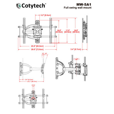 Cotytech Full Motion Corner TV Wall Mount for 32" - 57" Screens