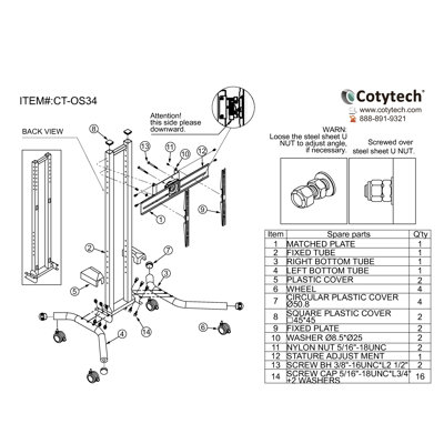 Cotytech Adjustable Ergonomic Mobile TV Cart for 32" - 56"
