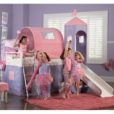 Princess Twin Castle Loft Bed and Slide with Tent and Slide for ...