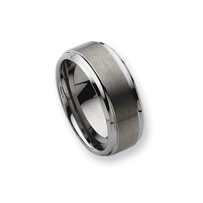Tungsten Ridged Edge 9mm Brushed Polished Band Ring