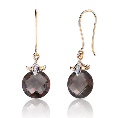 Oravo 10 Karat Two Tone Gold 7.00 carat Checkerboard Cut Smoky Quartz Diamond Earrings (0.02 carat Stone)