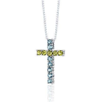 Oravo 1.50 Carats Total Weight Round Shape Swiss Blue Topaz and Peridot Cross Pendant Necklace in Sterling Silver