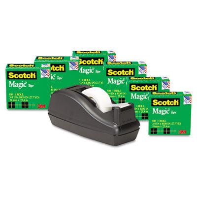 3M C40 Desk Tape Dispenser and Six Rolls Scotch Magic Tape, 1" core, Black                                                      