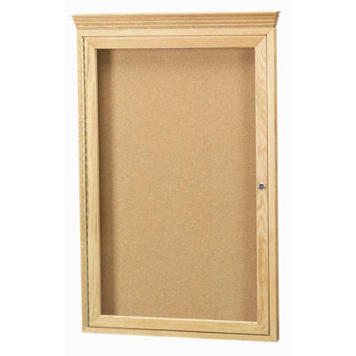 AARCO Enclosed Bulletin Board with Oak Frame and Crown Molding