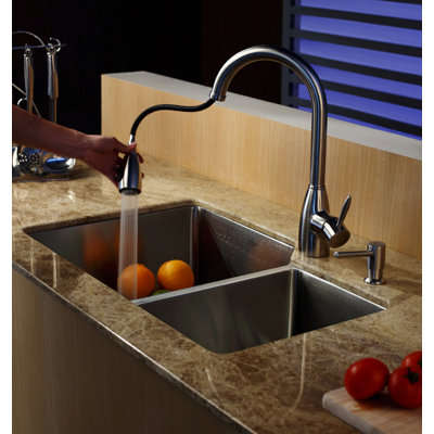 Kraus Undermount 32" Double Bowl 70/30 Kitchen Sink with Faucet and Soap Dispenser