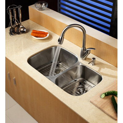Kraus  Stainless Steel Undermount 32" Double Bowl Kitchen Sink with Kitchen Faucet and Soap Dispenser