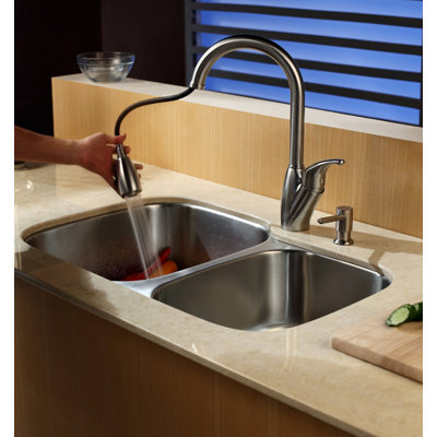 Kraus  Stainless Steel Undermount 32" Double Bowl Kitchen Sink with Kitchen Faucet and Soap Dispenser