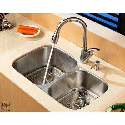 Kraus  Stainless Steel Undermount 32" Double Bowl Kitchen Sink with Kitchen Faucet and Soap Dispenser
