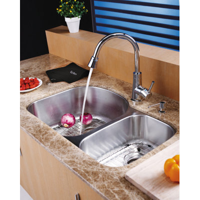Kraus 32" Undermount 70/30 Double Bowl Kitchen Sink with 14.9" Faucet and Soap Dispenser