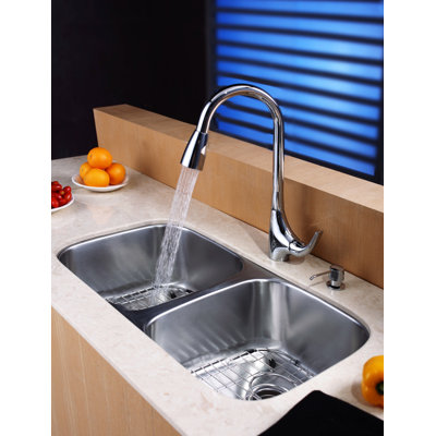 Kraus 32" Undermount 50/50 Double Bowl Kitchen Sink with 18.5" Faucet and Soap Dispenser