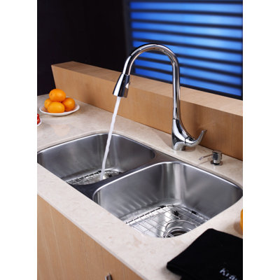 Kraus 32" Undermount 50/50 Double Bowl Kitchen Sink with 18.5" Faucet and Soap Dispenser