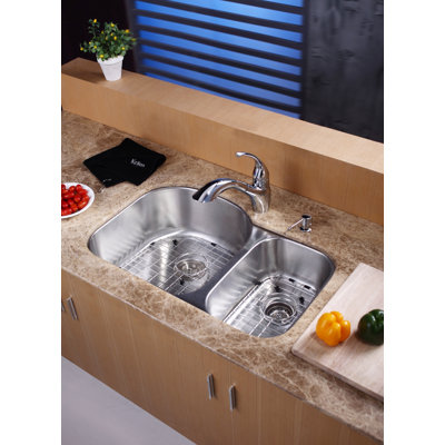 Kraus 32" Undermount 70/30 Double Bowl Kitchen Sink with 11" Faucet and Soap Dispenser