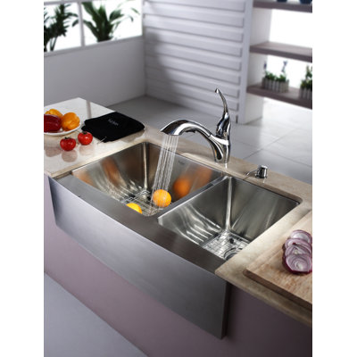 Kraus Farmhouse 33" 70/30 Double Bowl Kitchen Sink with Faucet and Soap Dispenser