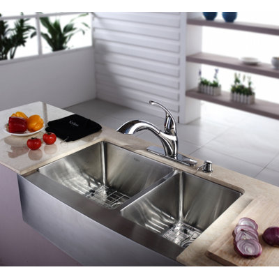 Kraus Farmhouse 33" 70/30 Double Bowl Kitchen Sink with Faucet and Soap Dispenser