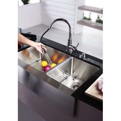 Kraus Farmhouse 36" 70/30 Double Bowl Kitchen Sink with Faucet and Soap Dispenser