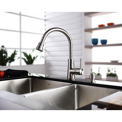 Kraus Farmhouse 36" 70/30 Double Bowl Kitchen Sink with Faucet and Soap Dispenser
