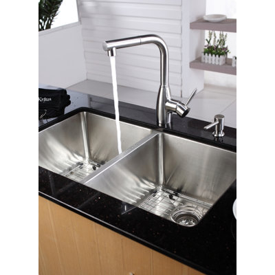 Kraus 33" Undermount 50/50 Double Bowl Kitchen Sink with 13.4" Faucet and Soap Dispenser