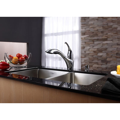 Kraus 33" Undermount 70/30 Double Bowl Kitchen Sink with 11" Faucet and Soap Dispenser