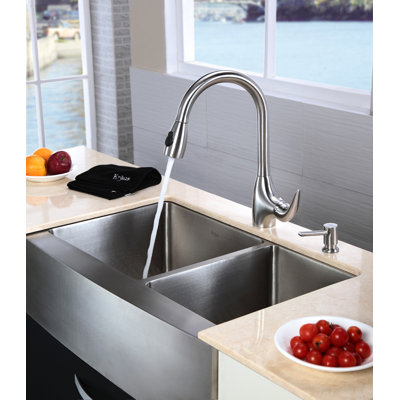 Kraus Farmhouse 33" Double Bowl Kitchen Sink with Faucet and Soap Dispenser