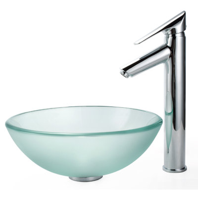 Kraus Frosted Glass 14" Vessel Sink and Decus Bathroom Faucet in Chrome