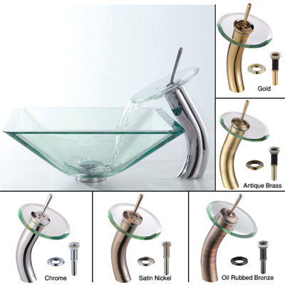 Kraus Glass Sink Combinations Aquamarine Square Vessel and Waterfall Faucet