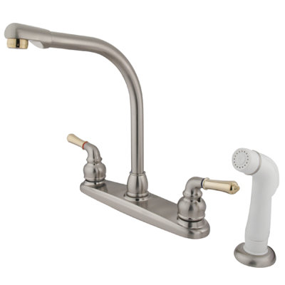 Elements of Design Magellan Double Handle Centerset Kitchen Faucet with Modern Lever Handles and White Side Spray