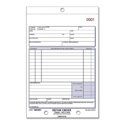 Rediform Office Products Repair Order Book,Carbonless,3-Parts,5-1/2"x7-7/8",50/BK