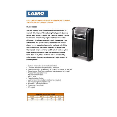 Lasko Cyclonic Ceramic Heater with Remote Control and Fresh Air Ionizer