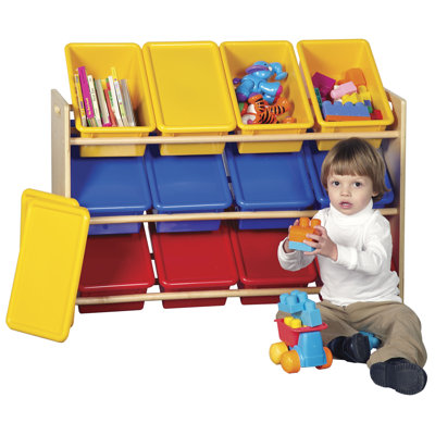 ECR4kids 3-Tier Wood Rack w/12 Assorted Color Bins & Lids