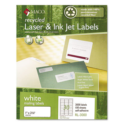 Maco Tag & Label Recycled Laser and InkJet Labels, 1 x 2 5/8, White, 750/Box