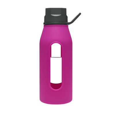 Takeya 16 Oz Classic Glass Water Bottle with Black Lid and Jacket in Fuchsia
