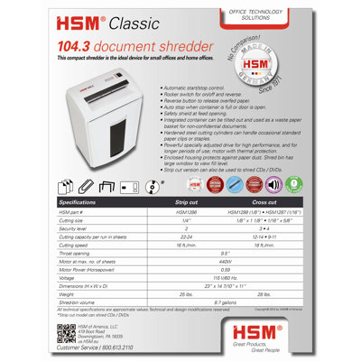 HSM of America,LLC Heavy-Duty Desk Side Shredder, Cross Cut, 14-7/"x11"x23"10, White