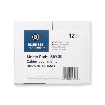 Business Source Memo Pads, Unruled, 15lb., 3"x5", 100 Sheets, White