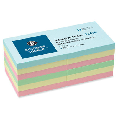 Business Source Adhesive Note, Repositionable, 3" x 3", Assorted, 12 per Pack