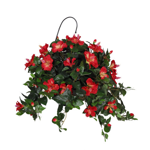 House of Silk Flowers Artificial Hibiscus Hanging Plant in Basket