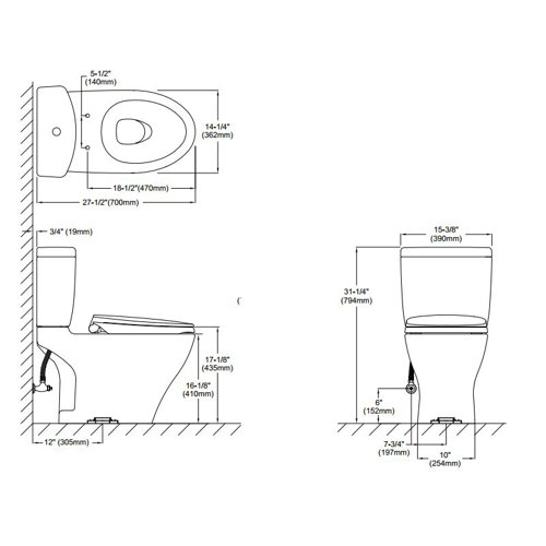 Toto Aquia Dual Flush 1.6 GPF / 0.9 GPF Elongated 2 Piece Toilet with