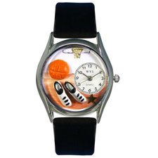 Whimsical WatchesWomen\'s Basketball Black Leather and Silvertone Watch in Silver-image