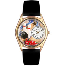 Whimsical WatchesWomen\'s Bowling Black Leather and Gold Tone Watch-image