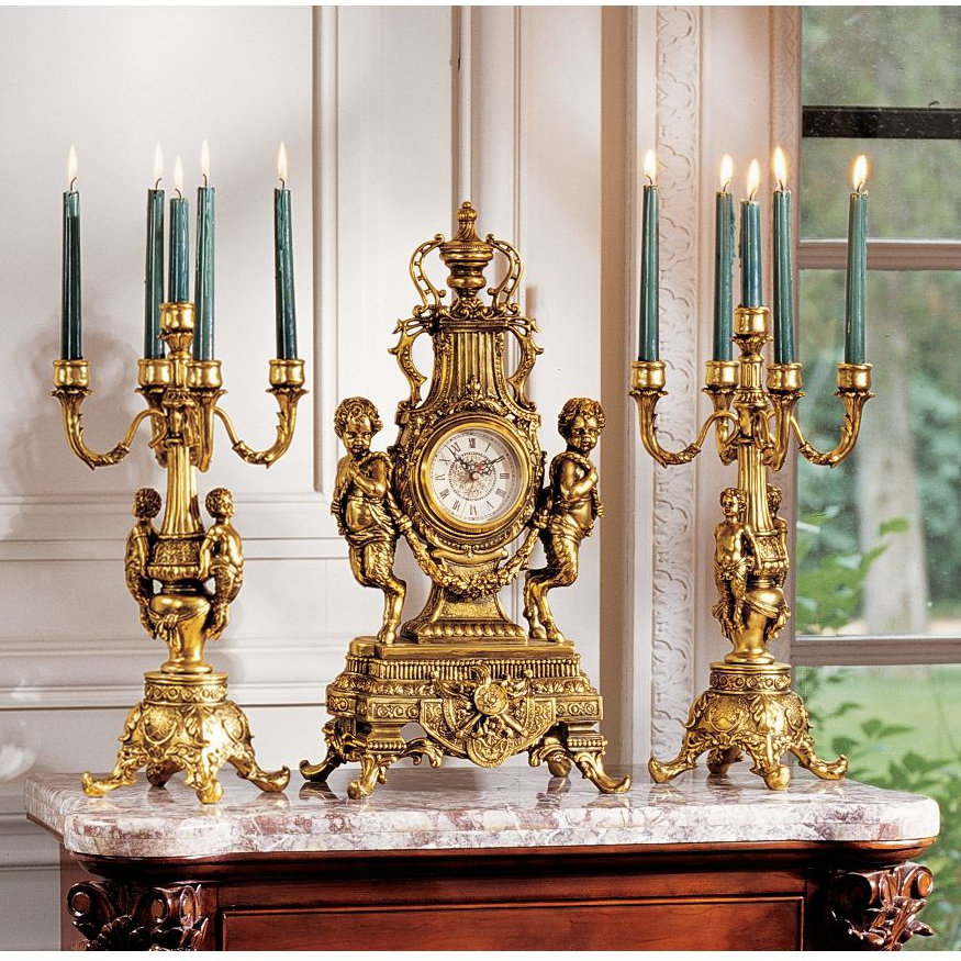 Antique Grand Clock Candle Holders Set Candelabra French Angels Gold