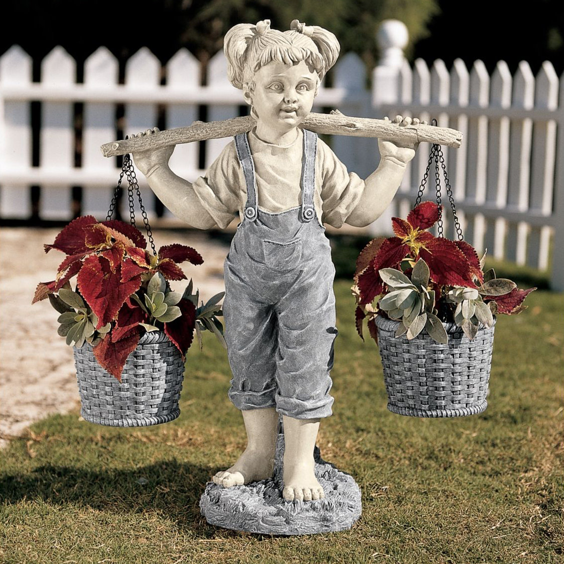 GIRL PLANTER SCULPTURE GARDEN ART OUTDOOR DECOR STATUE w/ HANGING FLOWER BASKET