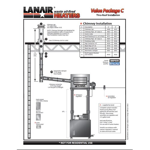 Series 250,000 BTU Waste Oil Heater with Roof Chimney and 215 gal Tank