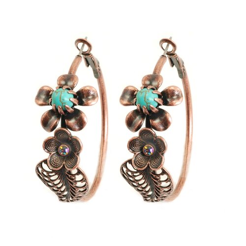 Sweet Romance Taxco Flower and Filigree Leaf Vine Hoop Earrings