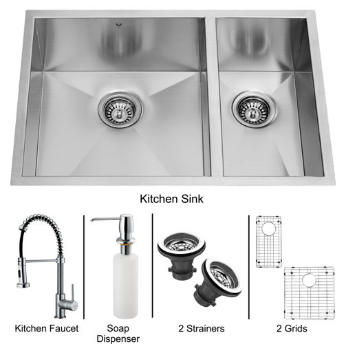 Vigo 29 x 20 Double Bowl Undermount Kitchen Sink with Faucet, Two