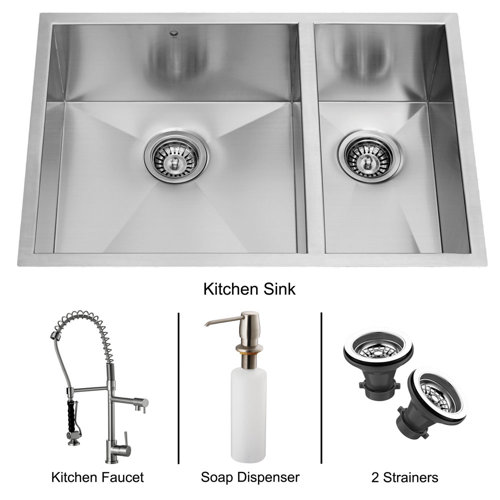 Vigo 29 x 27 Double Bowl Undermount Kitchen Sink with Faucet, Two